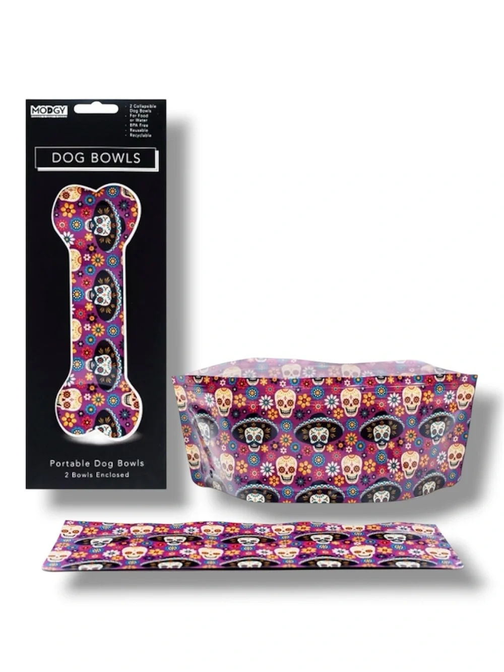 2-Pack Modgy Expandable Dog Bowls Set - Mexican Sugar Skulls Design - NWT